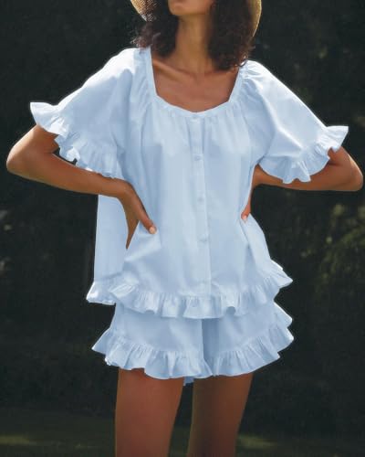Image of Womens Ruffle Pajama Set Short Sleeve Button Down Top and Shorts | Cotton Ruffle Pajamas Set, Ruffle Shorts Set Women, 2 Piece Shorts Set for Women