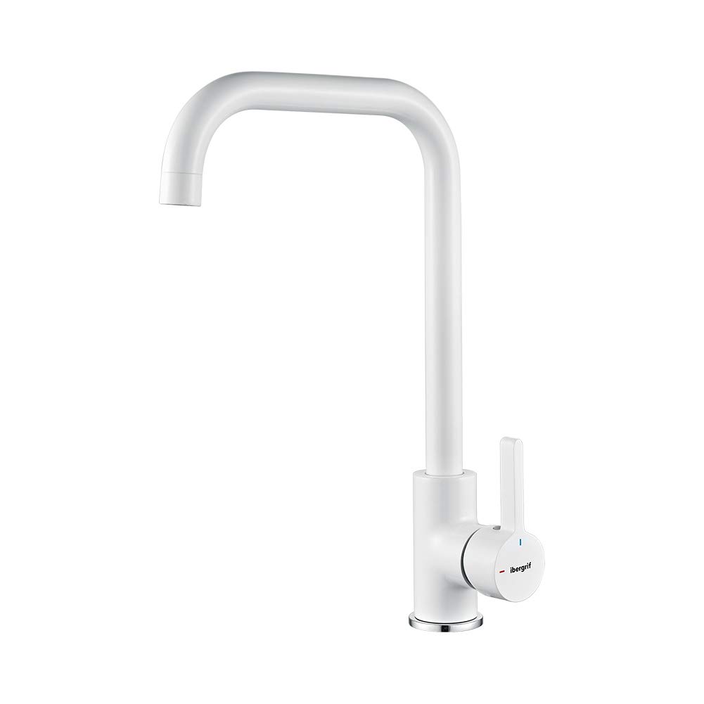 Ibergrif M22105W Kitchen Tap, Kitchen Taps Sink with High Spout, 360° Swivel Single Handle Lever Faucet, Dual Control Hot and Cold, White