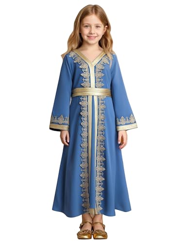 OBEEII Girls Muslim Ramadan Abaya Kids Long Sleeve V Neck Lace Prayer Dress Middle East Arabic Kaftan Dress with Belt