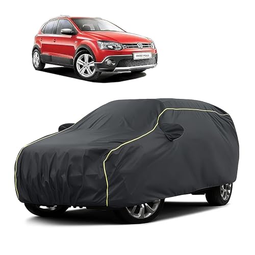 Image of Sulfar 100% Water Resistant Car Body Cover Compatible with Mirror for Volkswagen Polo Cross (Triple Stitched, Full Bottom Elastic, Dark Grey Taffeta with Yellow Piping)