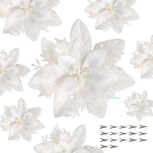 Childom 15 PCS White Poinsettia Flower Artificial Poinsettias with Clips