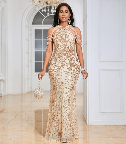 Image of Cololura Women Sequin Halter Tassel Mermaid Formal Maxi Dress Evening Gown