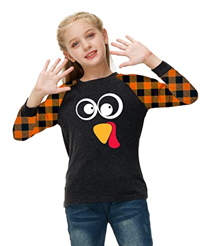 Image of Remimi Girls Thanksgiving Shirts Buffalo Plaid Raglan Tee Cute Turkey Holiday Party Long Sleeve Tshirt 5-14 Years