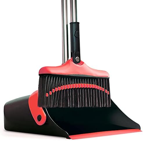 Broom and Dustpan Set with Long Handle - Kitchen Brooms and Stand Up Dust Pan Magic Combo Set for Home - Lobby Broom with Rotation Head and Standing Dustpan for Floor Cleaning Red