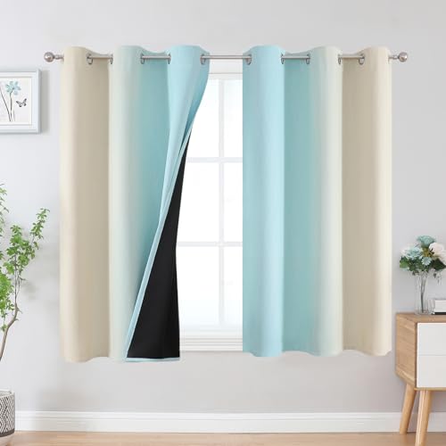 Estelar Textiler Beige and Aqua Ombre Blackout Curtains 45 Inch Length 2 Panels, Full Room Darkening Gradient Drapes for Kitchen, Thermal Insulated Grommet Short Curtains for Bathroom, 42Wx45L