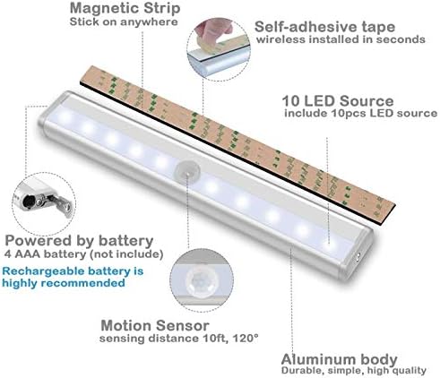 HAKOL- 3 Pack LED Motion Sensor Closet Lights Battery Operated Stick On Anywhere Wireless Motion Sensor Light Under Cabinet Lighting Wireless 10 LED Lighting Motion Lights