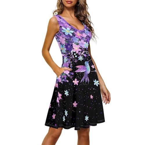 Image of Women Stylish Tank Dresses Sleeveless Round Neck Midi Casual Dress with Pocket for Summer