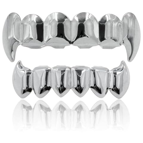 JINAO Silver Vampire Fangs Teeth Grillz Face 18K Gold Plated Top Bottom Grills for Your Teeth Set for Men and Women Hip Hop Jewelry (Silver grillz) Cover