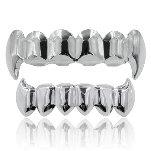 JINAO Vampire Teeth Fang Grillz 18K Gold Silver Plated Hip Hop Fangs Top Bottom Teeth Grills for Your Teeth Set for Men and Women