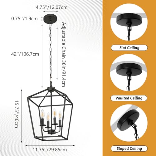 Chandelier,Modern Dining Room Light Fixture,4-Light Lantern Chandeliers For Dining Room,Adjustable Height Light Fixture,Black Chandelier For Living Room/Kitchen Island,Light Fixtures Ceiling Mount