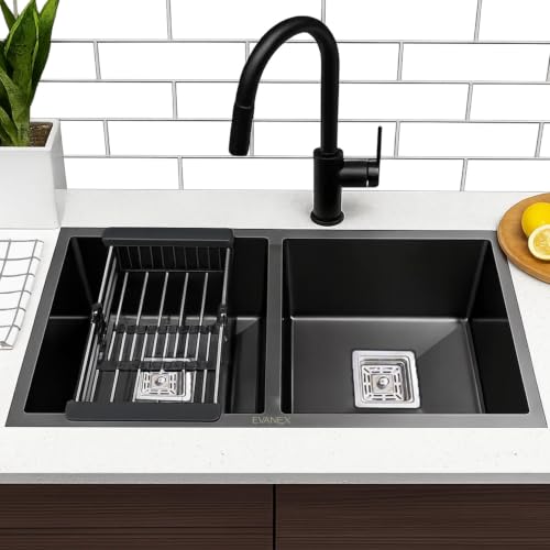 Image of EVANEX Double Bowl Kitchen Sink with Tap Hole 32x18x10 Inch Double Sink for Kitchen 304 Grade Stainless Steel Handmade Kitchen Sink with Couplings, Waste Pipe, Sink Connector & Drain Basket
