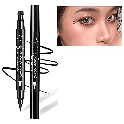 Eyeliner Stamp, 2 in 1 Double-headed Star Stamp Eyeliner, Super Slim Gel Felt Tip High Pigment Black Waterproof Smudgeproof Long Lasting Tattoo Makeup Tool (Smiley) Cover
