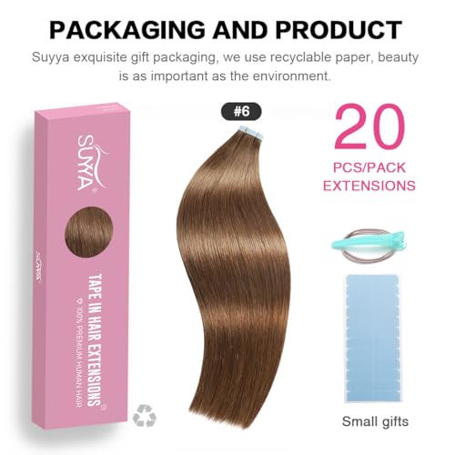 Image of SUYYA Tape In Hair Extensions Human Hair 20 Inch #6 Medium Brown | Remy Human Hair, Invisible Skin Weft, Soft & Silky Straight Hair, 20PCS 50G, Seamless Blend, Add Length & Volume