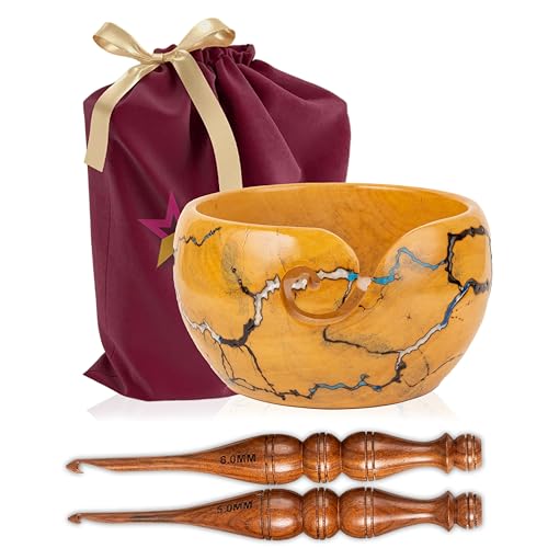 Image of Wooden Yarn Bowl for Crocheting, 7x4inch Large Yellow Teak Crochet Holder Gift Accessories and Knitting Gadgets Supplies Handcrafted with Fractal Wood Burning & Blue,White,Black Resin Inlay (H-Multi)