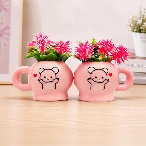 Image of Cute Bear Ceramic Planter Set of 2 with Artificial Flowers | Decorative Mini Flower Pots for Home Decor, Office Desk, Study Table & Shelf Decoration | Multipurpose Ceramic Planter Cups