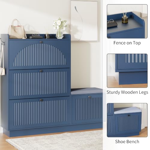 Image of Shoe Storage Cabinet with 4 Flip Drawers, Shoe Organizer Storage with Bench | Shoe Cabinet with Adjustable Shelves, Freestanding Hidden Slim Narrow Shoe Rack Cabinet for Entryway, Hallway