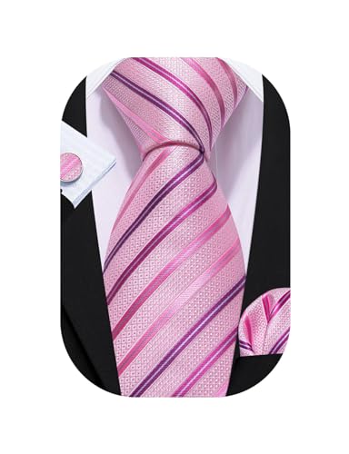 Barry.Wang Stripe Men Ties Set Classic WOVEN Necktie with Handkerchief Cufflinks Formal