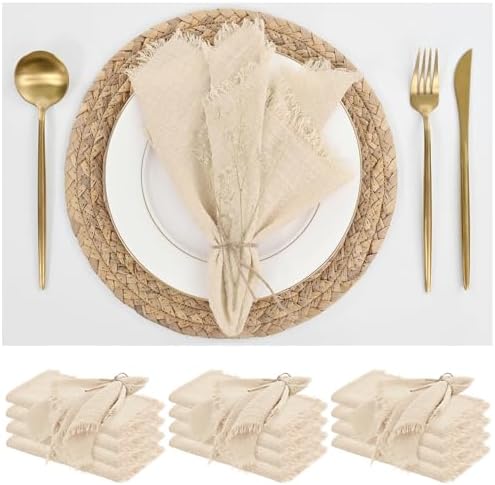 12 Pack Beige Napkins Cotton Linen Napkins 16 x 16 Inch Beige Napkins Cloth Handmade with Fringe Soft Cloth Napkins Washable Rustic Dinner Napkins Cloth for Wedding Party Dinner Table