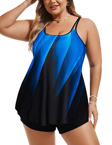 Hanna Nikole Damen Große Größe Badeanzug Bauchkontrolle Bademode Zweiteiliger mit Badehose Blaue Geometrie 58 2