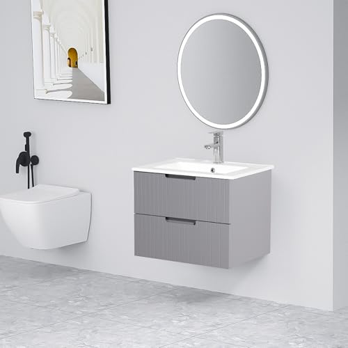 Sybrioka 24 Inch Floating Bathroom Vanity with Ceramic Sink, Modern Bath Storage Cabinet Vanity with Drawers Wall Mounted Combo Set for Bathroom, Gray - Thumbnail 3