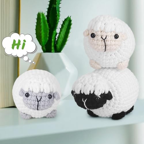 Image of Crochet Kit for Beginners, Crochet Starter Kit with Step-by-Step Video Tutorials, Amigurumi Crochet DIY Knitting Supplies for Teenagers Adults, 3-Pack Little Lambs (40%+ Yarn)