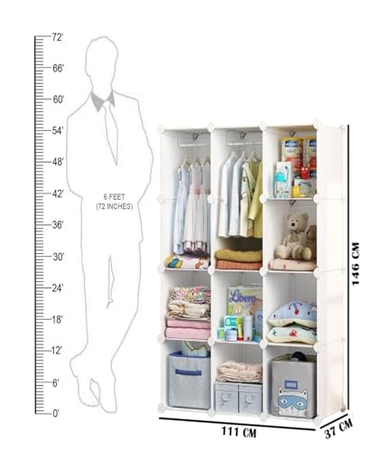Image of Mevigo Foldable Plastic Wardrobe for Clothes - 12- Door Baby Cupboard for Clothes Storage, Wardrobe for Kids, Plastic Almirah, Collapsible Wardrobe for Kids Livingroom & Home (White-KTB1, 12- Door)