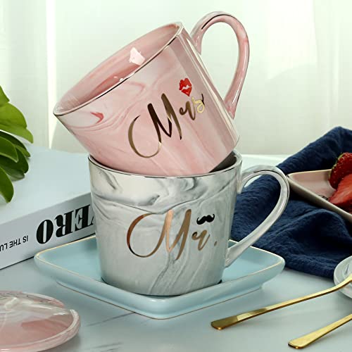 Mr And Mrs Couple Coffee Mugs Set- Wedding Gifts for Bride and Groom Mugs, His and Hers Gift Anniversary, Bridal Gifts for Engagement Birthday Party - Married Couples Ceramic Marble Cups