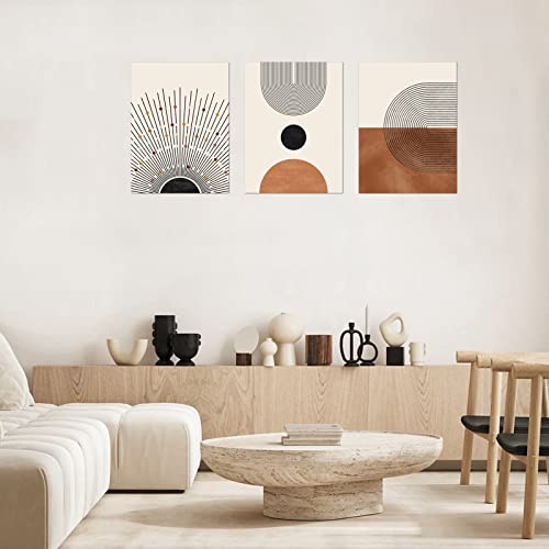 Minimalist Boho Wall Art Set Of 3, Mid-Century Modern Wall Art Decor, Neutral Geometric Line Sun Canvas Prints Artwork, Framed Abstract Boho Wall Art Decor For Bathroom, Bedroom, Living Room, Office #TOP6