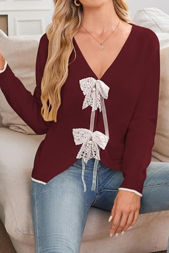 Image of Cakulo Womens Bow Tie Sweater V Neck Cardigan Sweaters 2026 Lightweight Spring Fashion Knit Cardigans Outfits