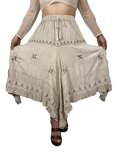 Agan Traders 2025 Spring Women's Flowy Handkerchief Hemline Midi Maxi Skirts for Women - Gypsy Embroidered Ruffle Long Skirts