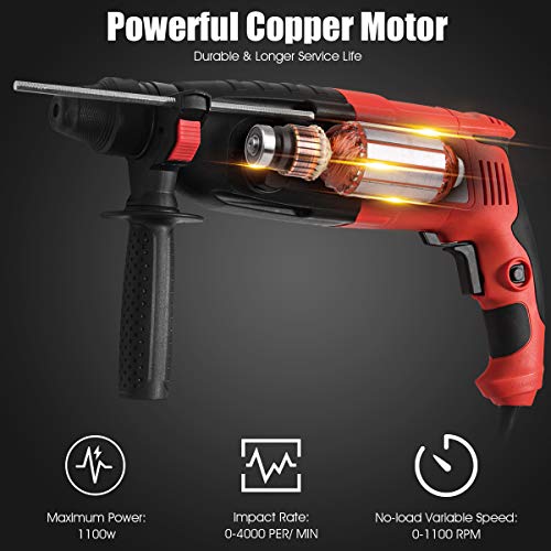 Goplus Professional Tools 1" Sds-Plus Rotary Hammer, 3 Mode In 1 Electric 9 Amp Corded Hammer Kit, With Adjustable Speed, Rotating Handle, Grease, Flat And Point Chisels, 3 Drill Bits And Case #TOP4