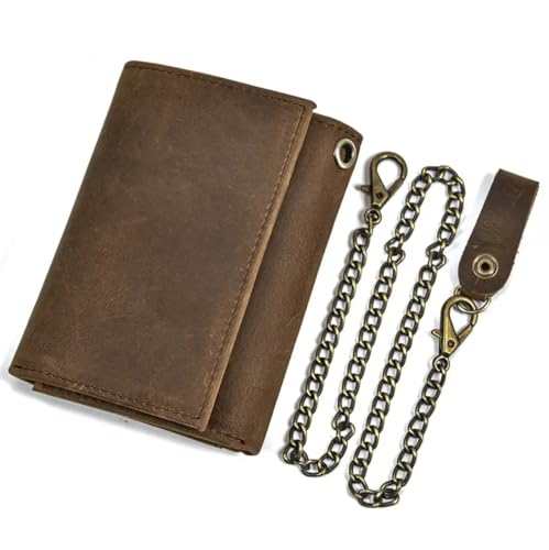 Genuine Leather Trifold Wallet With Metal Chain for Men, Crazy Horse Leather RFID Blocking Card Holder with ID Window (Brown & Chain)3