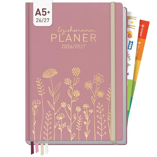 Häfft Erzieher-Planer 2026/2027 Kita-Planer A5 mit Kunstleder-Einband für Aug 2026 bis Aug 2027 Fine Flowers rosé - Pädagogischer Wochenplaner für Erzieherinnen Stickern & 4 Lesebändchen