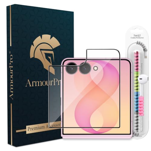 Image of ArmourPro Military-Grade Tempered Glass for Samsung Galaxy Z Flip 8-9H Anti Scratch, Edge-to-Edge Coverage, HD Clarity, Smooth Touch, Case Friendly, Easy Installation Kit with Cable Protector