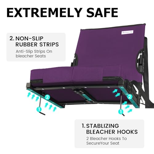 behairity Portable Stadium Seat for Bleachers with Back Support, Wide Padded Bleacher Chair with High Back and Thick Cushion for Adults, Folding Stadium Chair for Football Sports Events (Purple)