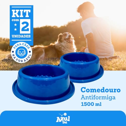 Comedouro Antiformiga para Cães Grande, 1500 ml, Azul, Kit com 2 Unidades, 28 cm x 28 cm x 8 cm