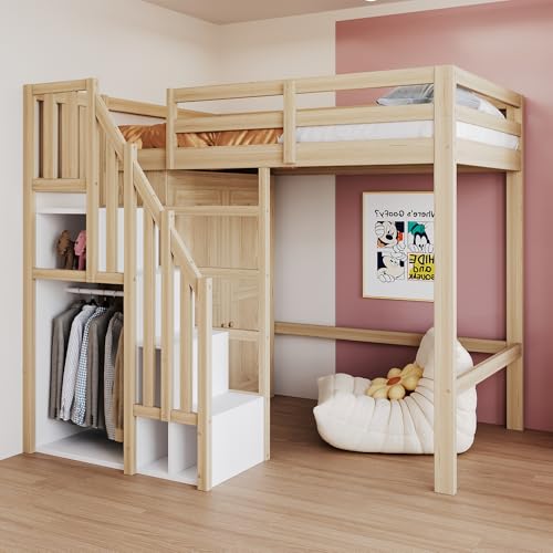 REXO Cama alta con marco de madera maciza, 90 x 200 cm, con espacio de almacenamiento, escalera de seguridad, armario, cama individual, cama infantil, color madera original