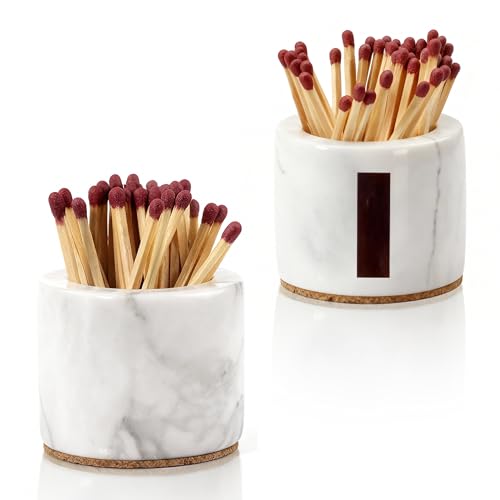 XenMee (2 Pcs) Marble Match Holder with Striker, 2.6" x 2" Matches in a jar, Candles Cute Home, Bathroom Decor - Candle Lover Gifts - Matches Not Included
