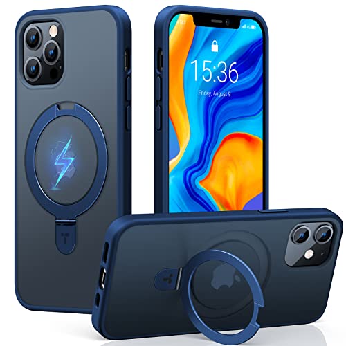 Torras Magnetic Upro Ostand For Iphone 12 Case/For Iphone 12 Pro Case 6.1 Inch [Compatible With Magsafe] With Stand [Mil-Grade Shockproof] Translucent Back Slim Protective Phone Case, Blue #TOP7