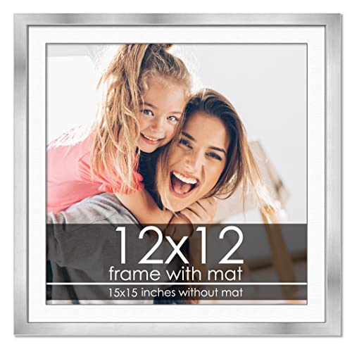 12x12 Frame with Mat - Silver 15x15 Frame Wood Made to Display Print or Poster Measuring 12 x 12 Inches with White Photo Mat