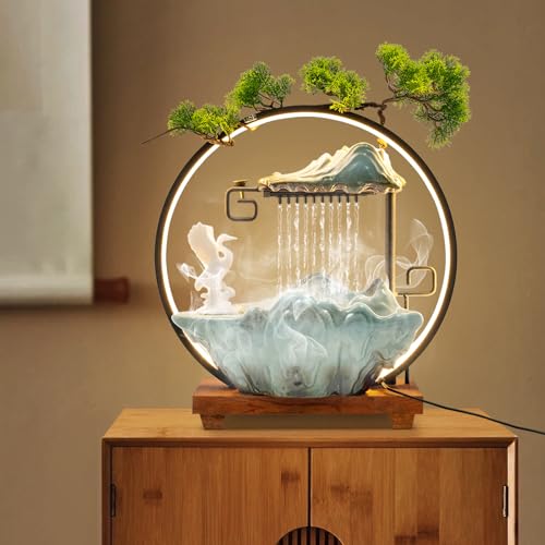 15In White Crane Water Fountain Waterfall Indoor Tabletop Decration Humidifier with LED Light, Atomizer Circulating Water, Japanese Zen Decor Meditation Feng Shui Decor Festival Birthday Gift