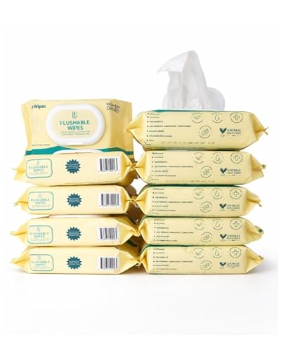 L&B Flushable Wipes, 600 Count (10 Packs of 60), Wet Wipes for Sensitive Skin, Hypoallergenic, 99% Water Based, Fragrance Free, FSC® Certified, Septic Safe