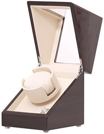 Pateker® Ebony Wood Finish Single Watch Winder, White Leather Display Box Case [100% Handmade]