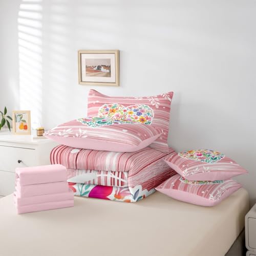 Image of Erosebridal Pink Valentine 7 Piece Bed in A Bag King Comforter Set Love Heart Flowers Bedding Set for Girls Romantic Floral Heart Shaped Sheet Set with Comforter Geometric Stripes Cottagecore Quilt