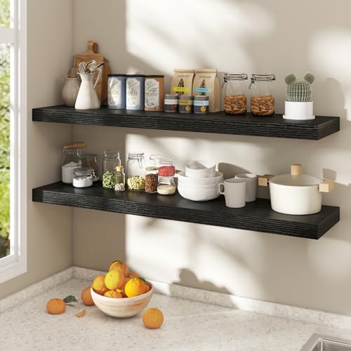 Image of Dreamland Black Floating Shelves 48 Inch Long,8 Inch Deep Floating Shelves,48 inch W x 8 inch D Wall Shelves for Bedroom,Living Room,Kitchen,Bathroom,Set of 2