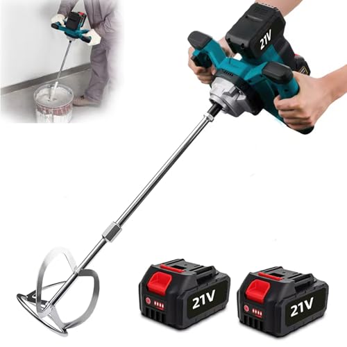 Malaxeur Mortier Colle électrique,Avec Batterie 4.0ah,1700W 220V Mélangeur de Ciment à 6 Vitesses Avec Outil D'agitation à Double Poignée pour Mélanger Peinture,Mortier,Plâtre,Mastic (2 Batterie)