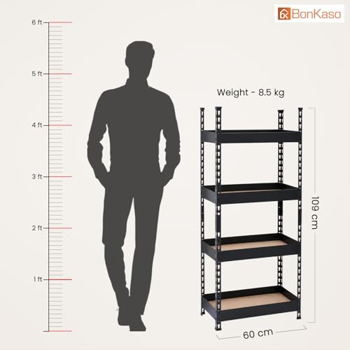 Image of Bonkaso 4 Tier Adjustable Boltless Metal Storage Rack for Home, Garage, Office & Shop | Heavy Duty Rust-Resistant Shelving Unit with MDF Wooden Shelves | Utility Display Stand, Black, (60x36x109 cm)