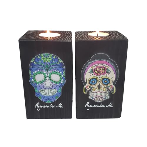 Remember Me Celebration Candle Holders for Day of The Dead Set of Two Blue with Green Skull and Pink Rose Skull - Dia De Los Muertos - Printed in Full Color, 6 Inches Tall
