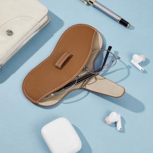 Image of CREATCABIN Leather Glasses Case Portable Sunglasses Pouch Travel Lightweight Slim Squeeze Eyeglasses Holder Bag with Suede Fiber Cleaning Cloth for Women Men Chocolate