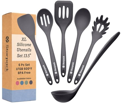 Starpack Like a Boss XL Silicone Cooking Utensils Set (6-Piece, 13.5") - LFGB Certified, 600°F Heat Resistant, BPA-Free - Heavy-Duty Steel Core, Dishwasher Safe - for Nonstick Cookware, Stormy Grey